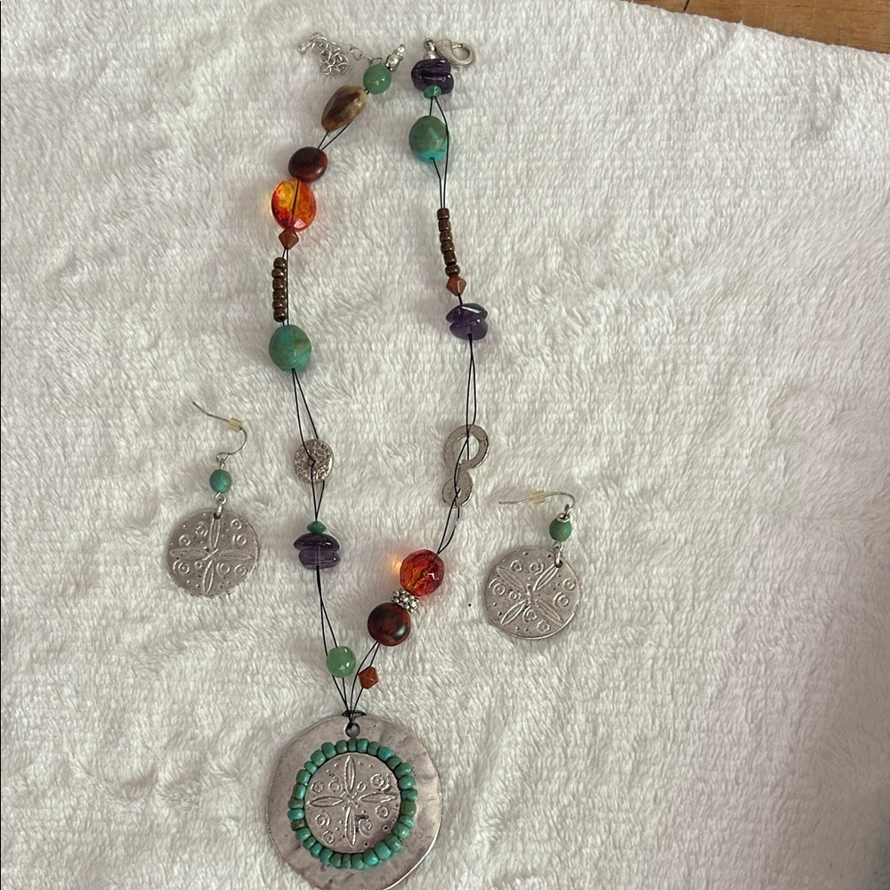 Handcrafted Turquoise & Multicolor Bead Pendant Necklace and Earring Set